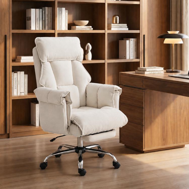 Cream white executive office chair with tall backrest and padded recline armrests