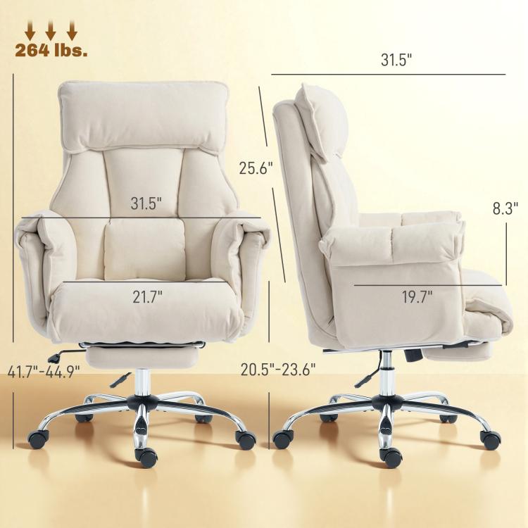 Cream white reclining office chair with headrest, footrest, and casters