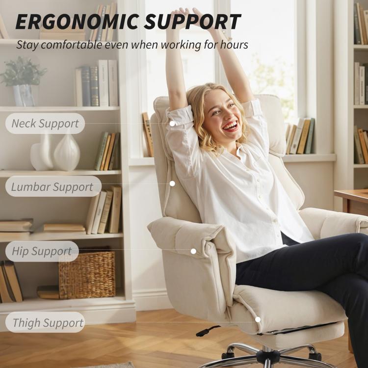 Cream white ergonomic reclining chair with padded headrest and lumbar support
