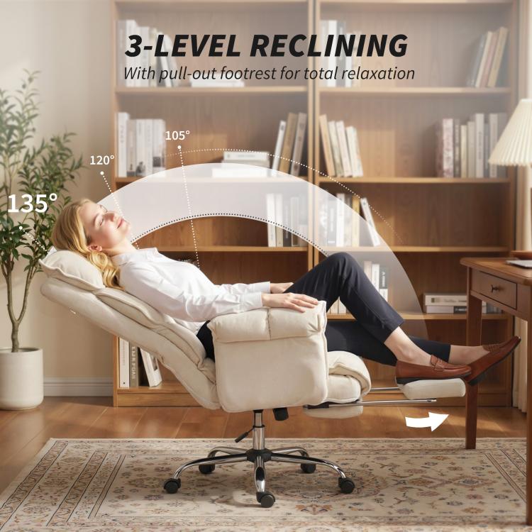 Cream white 3-position reclining office chair with pull-out footrest and swivel base