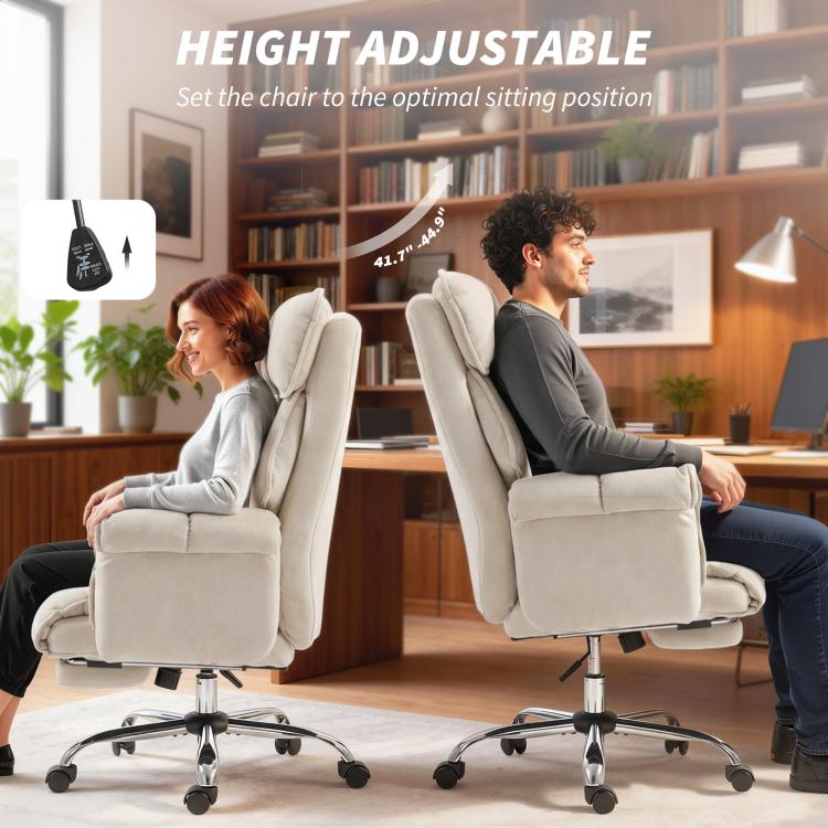 Cream white height-adjustable reclining office chair on casters with footrest