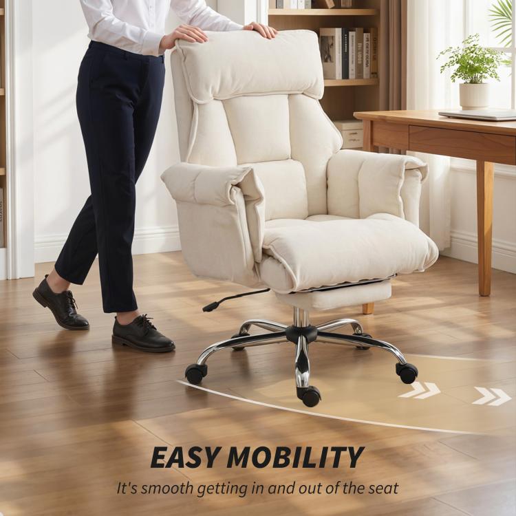 Cream white reclining office chair with pull-out footrest and smooth-rolling casters