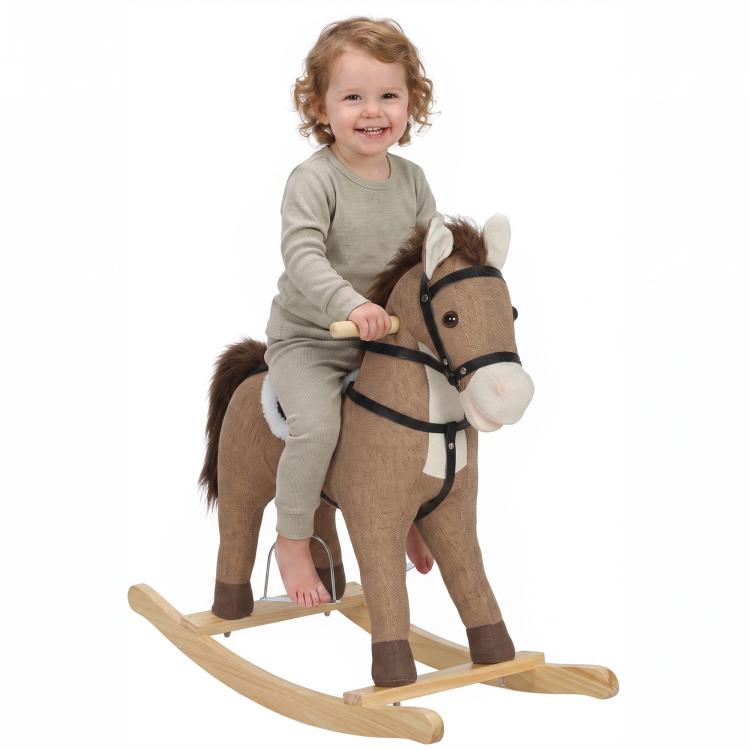 Dark brown rocking horse ride-on toy with wooden rockers and padded reins