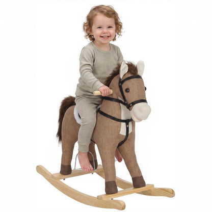 Dark brown rocking horse ride-on toy with wooden rockers and padded reins
