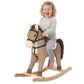 Dark brown rocking horse ride-on toy with white muzzle, plush mane, and black straps