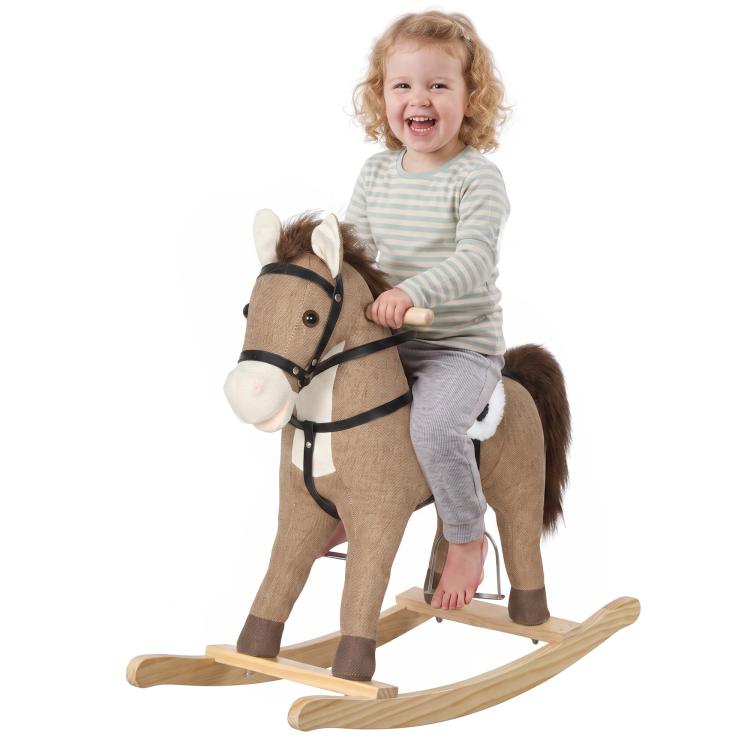 Dark brown rocking horse ride-on toy with white muzzle, plush mane, and black straps