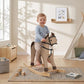 Dark brown rocking horse ride-on toy with black harness and wooden rocking platform
