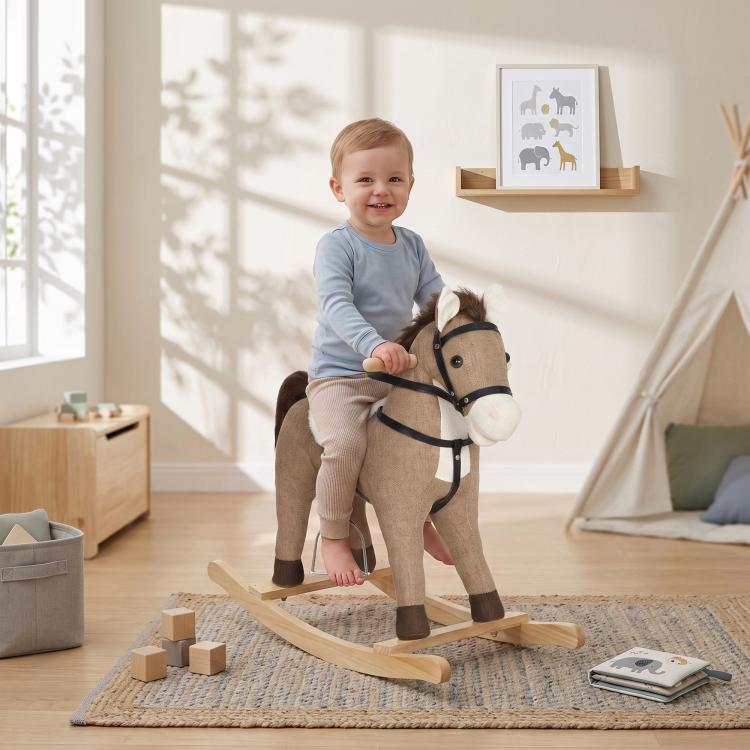 Dark brown rocking horse ride-on toy with black harness and wooden rocking platform