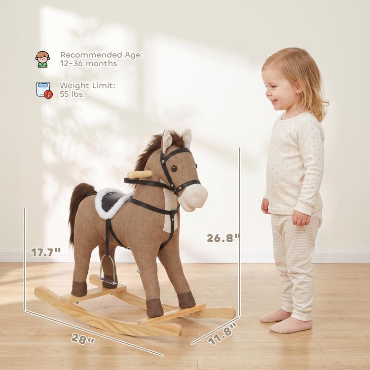 Dark brown rocking horse ride-on toy with white muzzle, plush mane, and wooden rockers