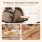 Dark brown rocking horse close-up with black straps, plush mane, and wooden swing limiter
