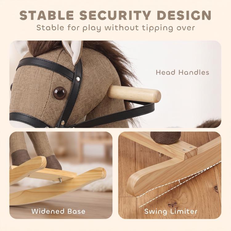 Dark brown rocking horse close-up with black straps, plush mane, and wooden swing limiter