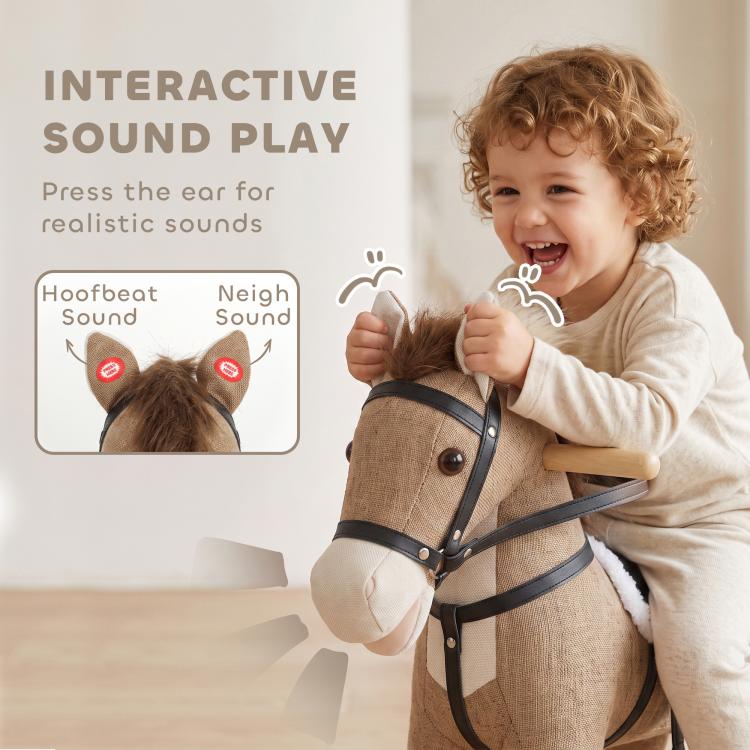Dark brown rocking horse toy with black harness and interactive sound play points