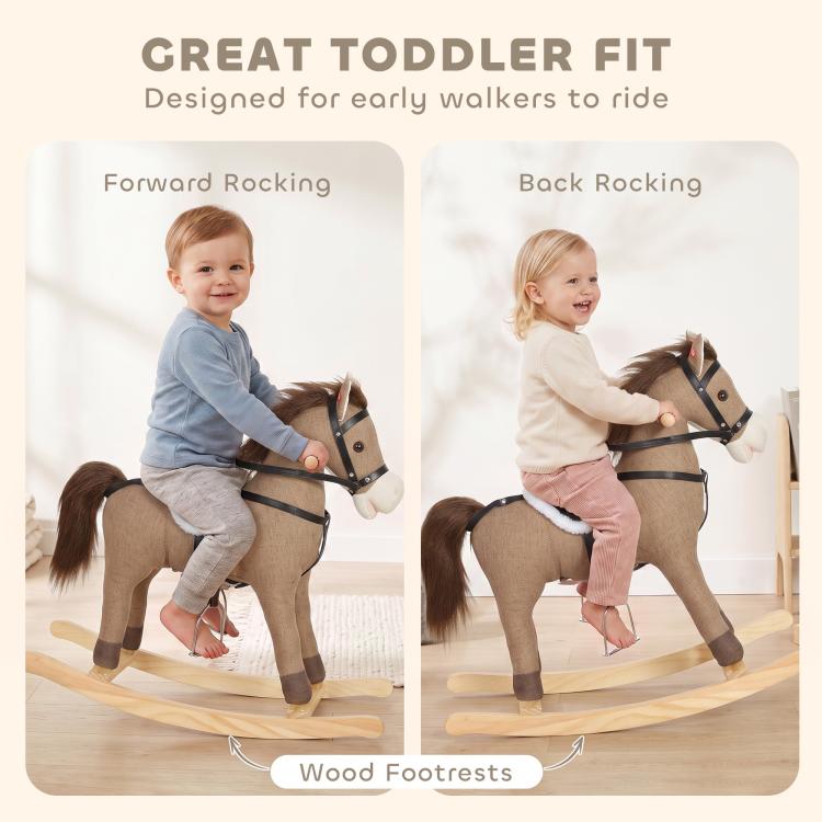 Dark brown rocking horse ride-on toy with forward and back rocking and wooden footrests
