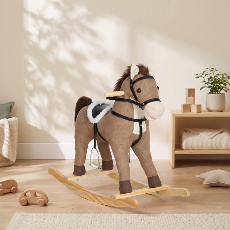 Dark brown rocking horse ride-on toy with white muzzle, plush mane, and wooden rockers