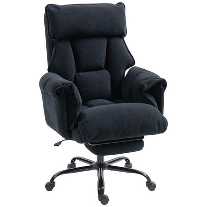 Black reclining office chair with footrest, high back and headrest, adjustable height