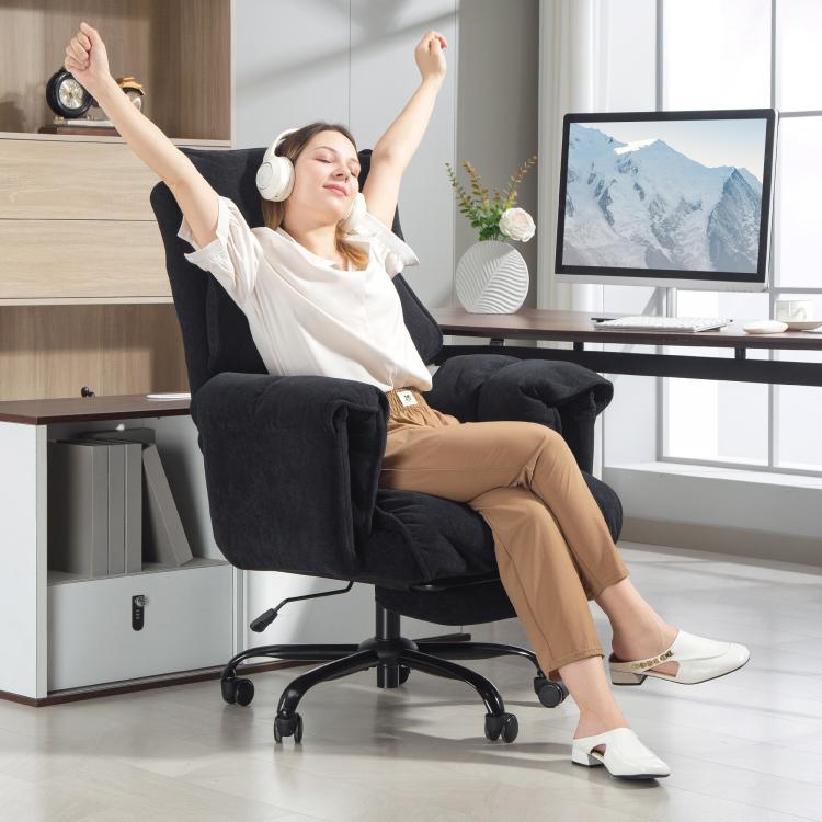 Reclining office chair with headrest, footrest, and padded armrests, black
