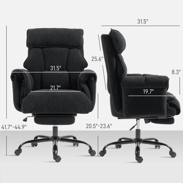 Black reclining office chair with headrest and footrest, detailed front and side views