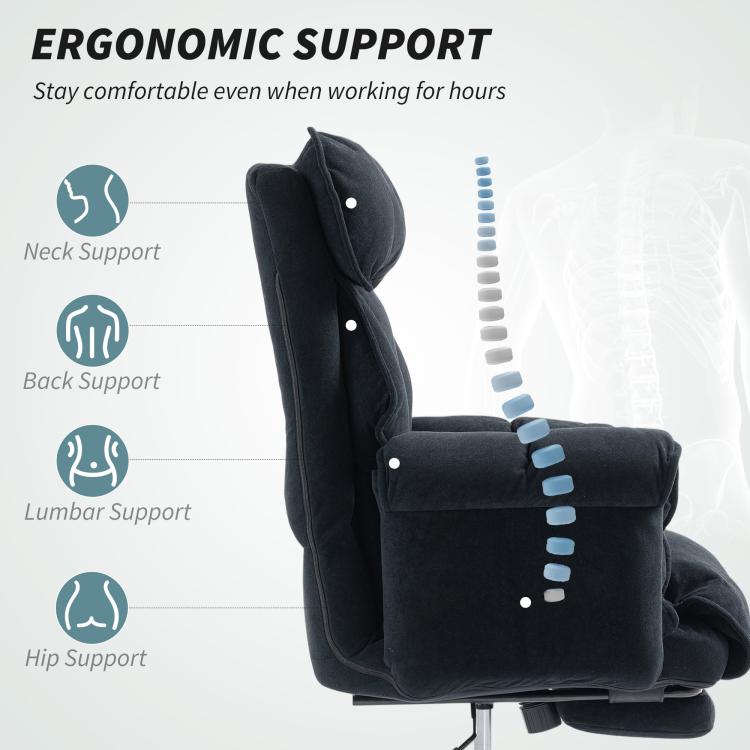 Black chair support zones: neck, back, lumbar and hip for ergonomic comfort
