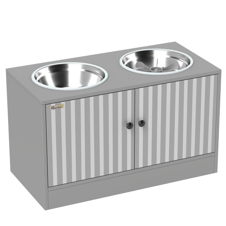 Gray cabinet dog feeding station with two stainless steel bowls and striped doors