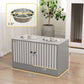 Gray dog feeding station cabinet featuring two stainless steel bowls and storage doors
