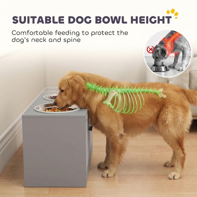 Golden dog eating from a raised stainless steel bowl at a gray feeding cabinet