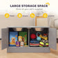 Gray dog feeding cabinet with doors open, showing storage space inside