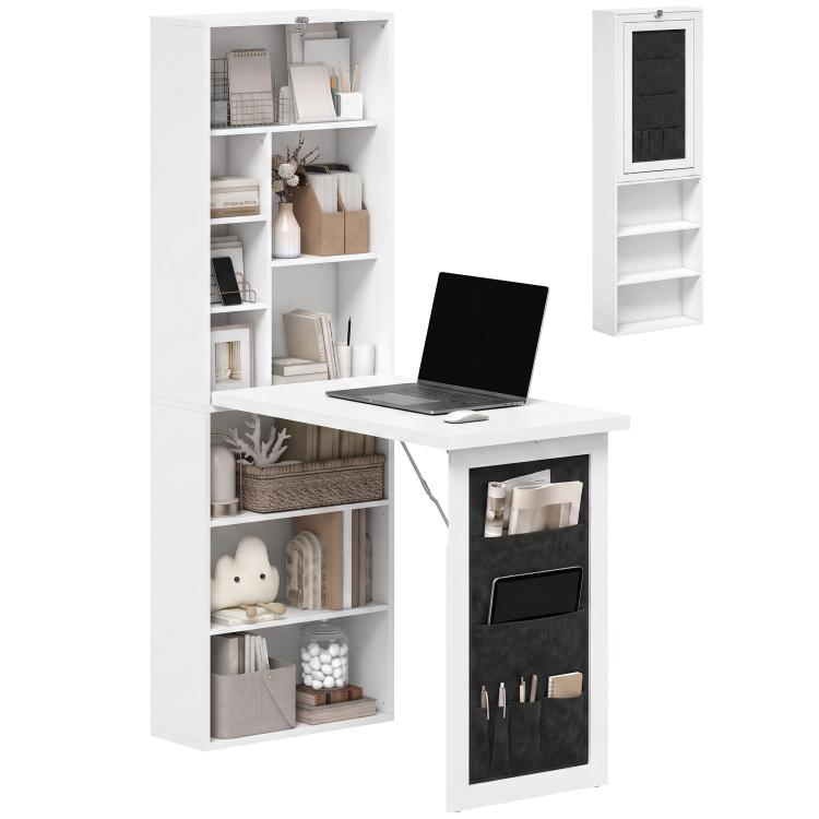 White wall-mount foldable writing table with open shelves and black storage pockets