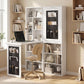 White foldable writing table cabinet with open shelves and black organizer pockets, desk up