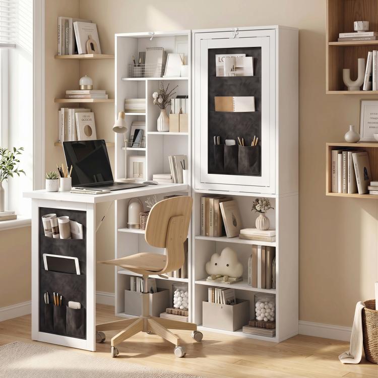 White foldable writing table cabinet with open shelves and black organizer pockets, desk up