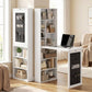 White foldable writing desk with side shelves, black storage pocket panel, and open compartments
