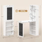 White foldable writing table with open shelves and black pocket panel, shown with dimensions
