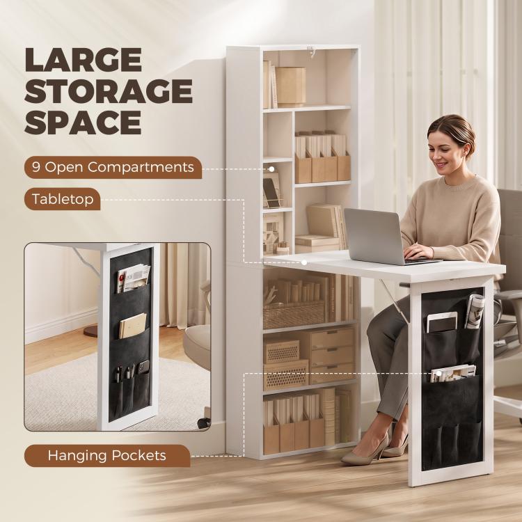 White writing table with open shelves, top tabletop, and black hanging pocket organizers