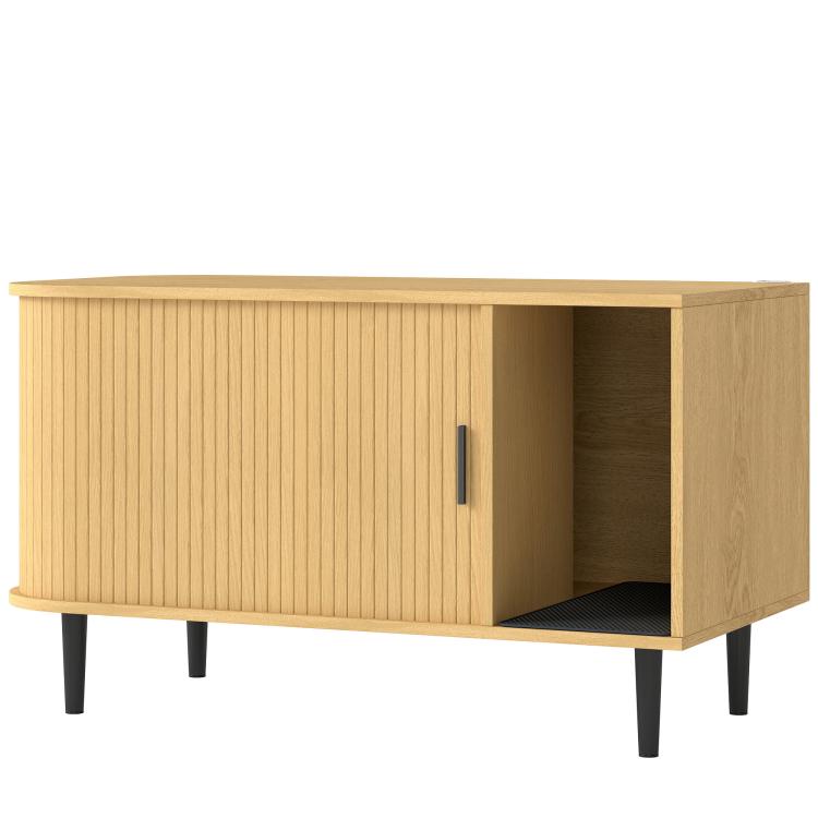 Wood cat litter box enclosure cabinet with sliding front door and black litter mat