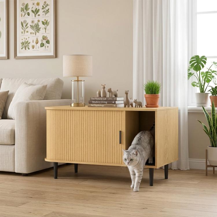 Light wood cat house litter box enclosure with open side door, gray cat walking