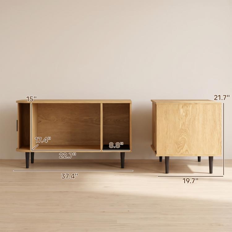 Cat litter box enclosure size view with open compartments and black legs