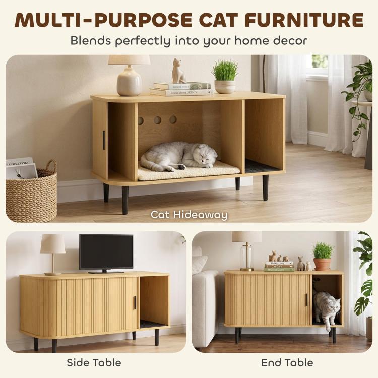 Wood cat litter box enclosure with open front compartment, cat bed inside