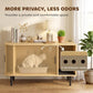 Wood cat litter box enclosure with front door partly open, gray cat inside