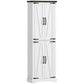 White freestanding pantry cabinet with vertical barn-style doors and black handles