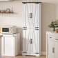 White freestanding pantry cabinet with paneled doors and metal bar handles
