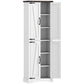 White freestanding pantry cabinet open door showing adjustable interior shelves