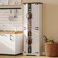 White tall pantry cabinet with open barn doors and visible adjustable shelving
