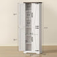 White tall pantry cabinet with open doors and measured dimensions on stand