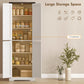 White pantry cabinet with open doors featuring multiple shelves inside