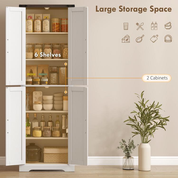 White pantry cabinet with open doors featuring multiple shelves inside
