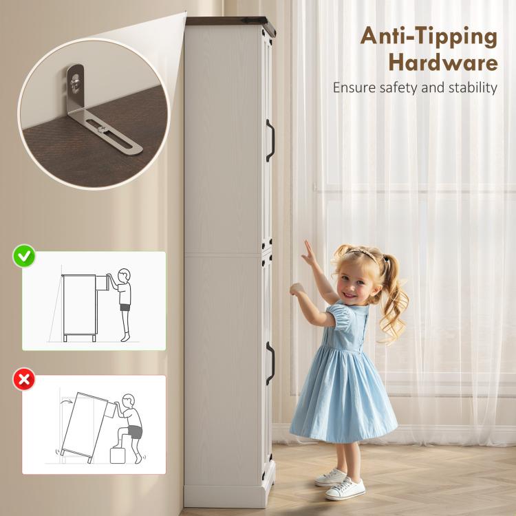 White pantry cabinet with anti-tipping hardware side detail and door edge