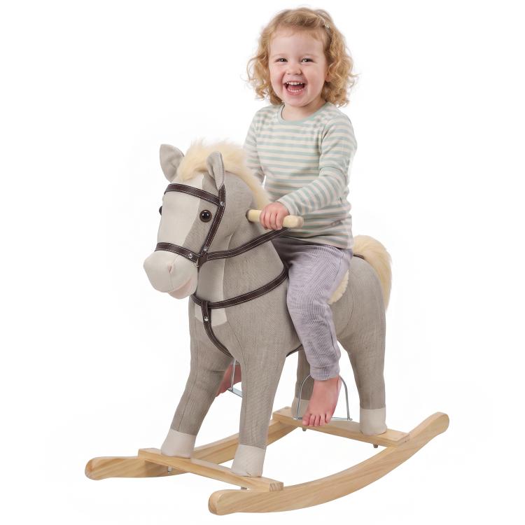Gray rocking horse ride-on toy with plush head, dark harness straps, wooden base