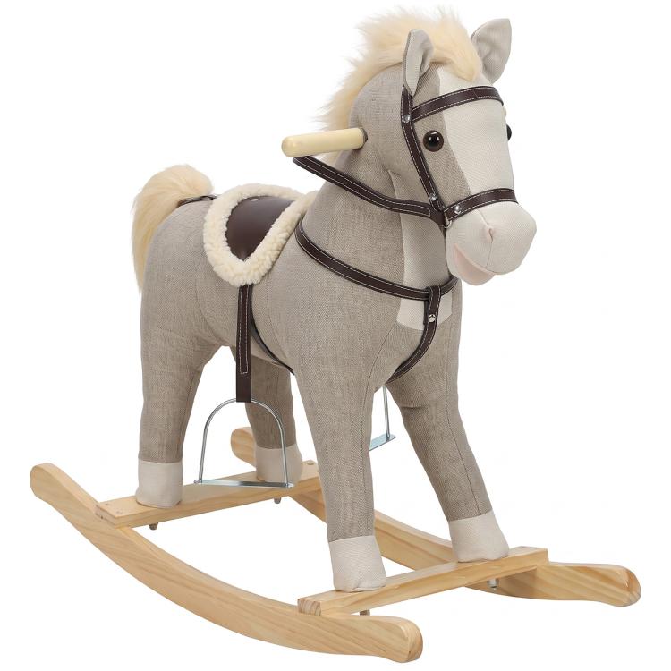 Gray plush rocking horse toy on wooden rockers with brown reins and head