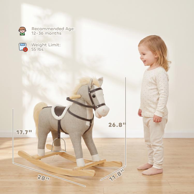 Gray plush rocking horse ride-on toy with wooden rocker base and side profile