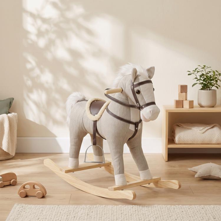 Gray plush rocking horse ride-on toy with wooden rockers and stirrup-style base