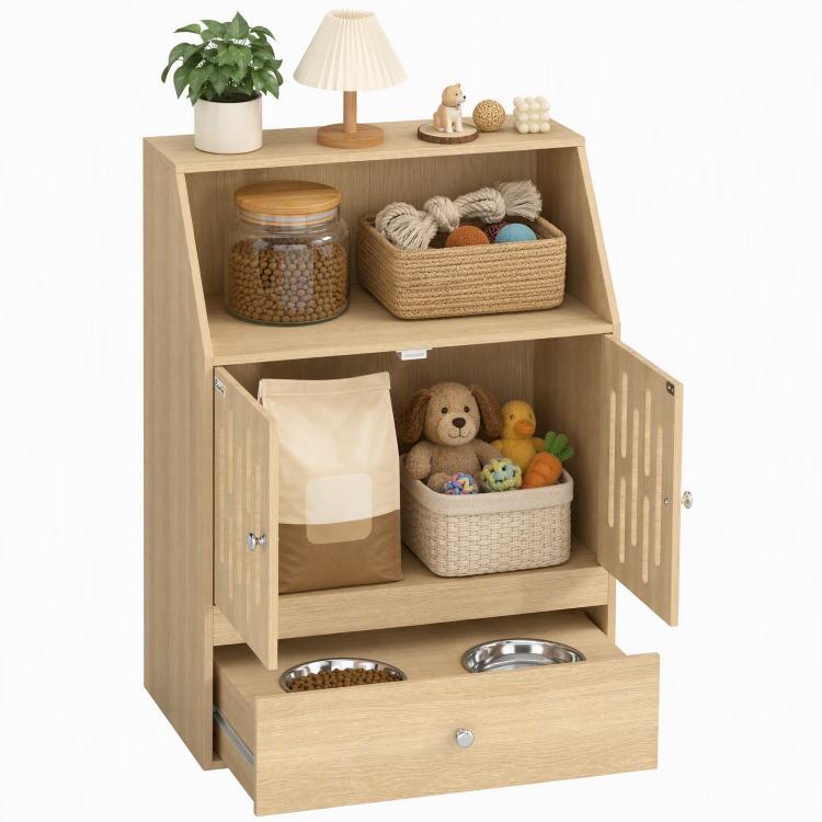 Light wood pet feeding cabinet with open shelves and two elevated metal bowls